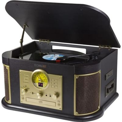 TECHNAXX TX-103 Retro Allt-i-ett Vinyl skivspelare - Digitaliseringsfunktion - Phono, Kassett, CD, USB, Bluetooth, SD, AUX–IN, FM-radio
