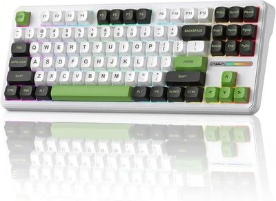 AULA F87 75% Mekanisk Gaming Tastatur, QWERTY US, RGB, Tri-Mode Bluetooth 2.4GHz USB, Sort + Hvid + Grøn