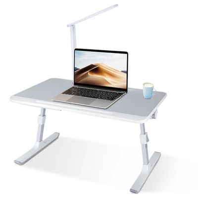 Laptop-pöytä sänkyyn - Kannettavan tietokoneen pöytä - Säädettävä korkeus ja kulma - LED-lamppu - Laatikko - Tablettiura - Puu - Harmaa