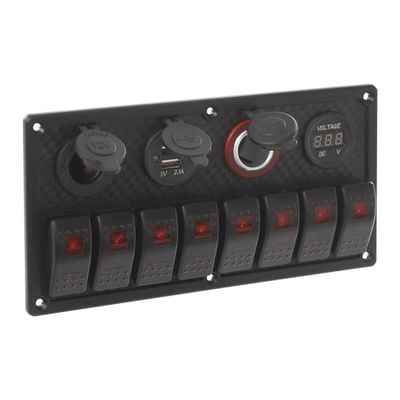 LED afbryderpanel - 8-gangs - DC 12–24V - USB 3,1A - IP65 vandtæt - 15A sikring - Til båd, lastbil, autocamper - Sort/Rød