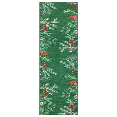 Juleløber - Blomstret bladmønster - Skridsikker - Maskinvaskbar - 100 % polyester - 60 x 230 cm - Grøn