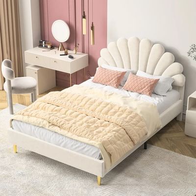 Barnsäng - Polstrad säng 140x200 cm - Sammet/velour - Höjdjusterbar huvudgavel - Blommig huvudgavel - Metallram - Beige