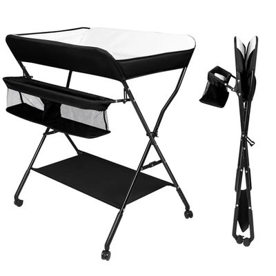 Baby puslebord - Sammenklappeligt puslebord - 4 højdeniveauer - Opbevaringskurv - Maks. belastning 11 kg - 0–12 mdr - Sort