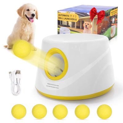Automatisk boldkaster til hunde - Hundelegetøj - 3 afstande 5,8/9,8/13,7 m - 5 ETPU-tennisbolde - Inde/ude - Gul
