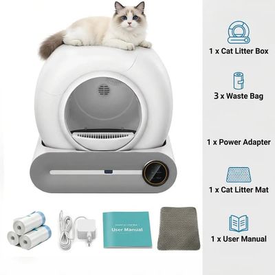 Smart Kattebakke - Selvrensende Kattebakkesæt - 65 l - WiFi/App-fjernbetjening - Halvlukket - Klemsikring - Med Kattegrusmåtte og Affaldsposer
