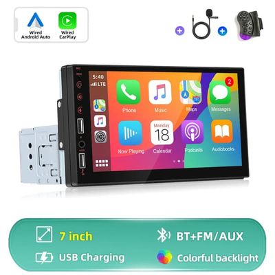 Bilstereo - 1-DIN MP5-spelare - Trådbunden CarPlay - Pekskärm 17,8 cm 1024x600 - Bluetooth & FM-radio - USB, 64 GB stöd - Uteffekt 4x45 W - Svart