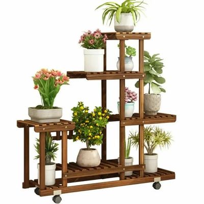 Blomsterhylde i træ - Planteholder på hjul - 5 niveauer - Fyrretræ - 95 x 26 x 96 cm - Indendørs/udendørs - Natur