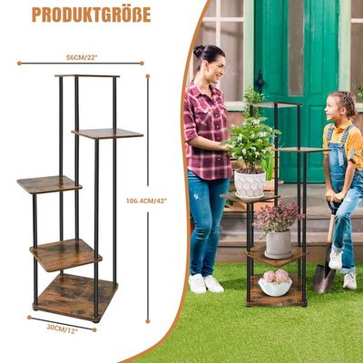 Roterende plantehylde i metal og træ - Blomsterstander - 5 niveauer - Etageret planteholder til potteplanter - Til stue, altan og have