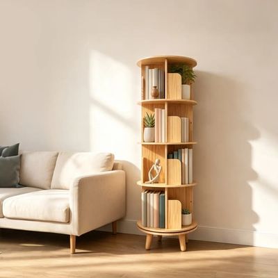 Bogreol - Roterende Bogstativ - 4 Hylder - Fyrretræ - Fritstående - Cylindrisk - Hyldehøjde 31 cm - Træfarve