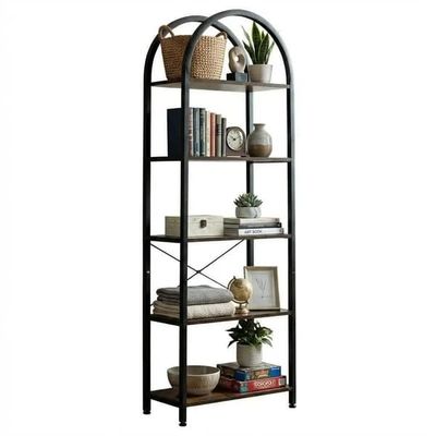 Bogreol - 5-etagers reol - Metal og træ - Industriel stil - Trapezformet - 60 × 28 × 180 cm - Vintagebrun