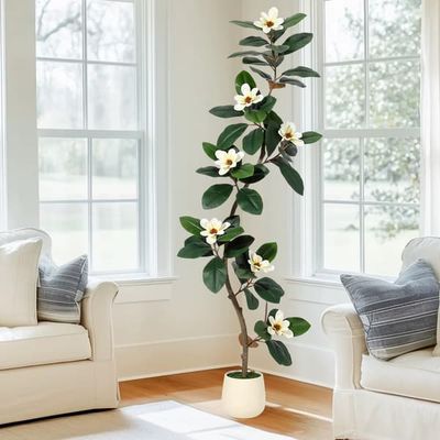 Kunstigt træ - Magnolia med blomster - 152 cm - 7 magnoliablomster - Hvid potte - Indendørs dekoration
