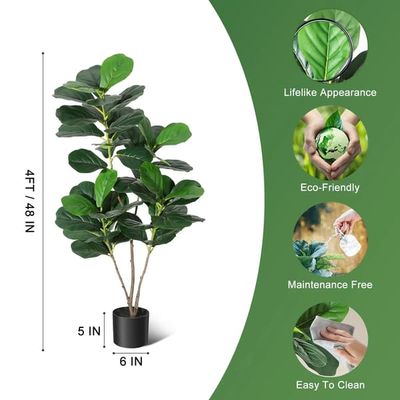 Kunstig violinfigen - Realistisk gulvplante - 122 cm højt plasttræ - Tætte grønne blade - Sort potte - Indendørs dekoration