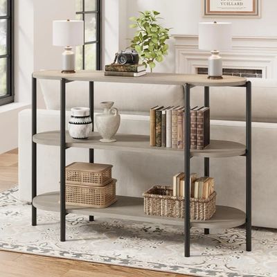 Smalt konsolbord - 3-etagers sidebord - Metalramme - Spånplade - Med opbevaring - 120 x 34 x 76 cm - Lysegrå