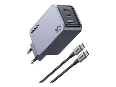 Ugreen Nexode Pro series - Strømadapter - GaN - 100 watt - 2.5 A - PD - 3 utgangskontakter (2 x USB-C, USB) - på kabel: USB-C