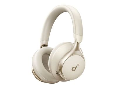Soundcore Space One - Hörlurar med mikrofon - fullstorlek - Bluetooth - trådlös, kabelansluten - aktiv brusradering - 3,5 mm kontakt - café latte