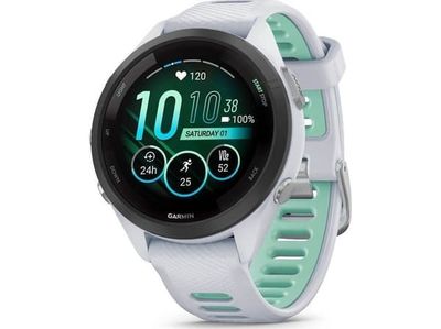Garmin Forerunner 265S smartwatch. Svart bezel med vit sten och vit sten och grönt silikonband