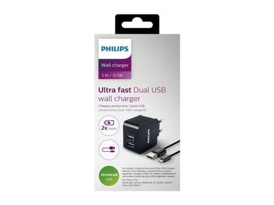 Philips USB-väggladdare DLP2307U/12, inomhus, AC, 5 V, Svart