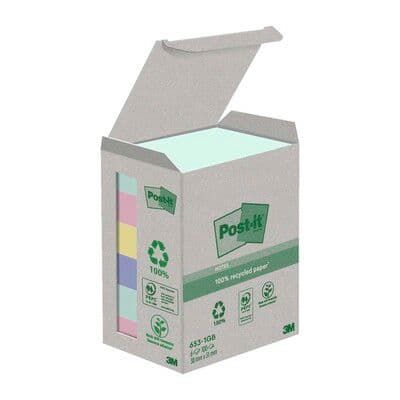 Post-it® Recycled Notes 38mm x 51mm 100 ark pr./blok - med 6 stk. blokke i ass. farver