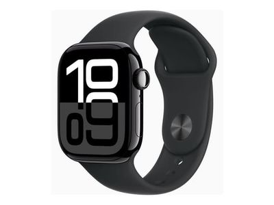 Apple Watch Series 10 (GPS + Cellular) - 42 mm - jet black aluminium - smart klocka med sportband - fluoroelastomer - svart - bandstorlek: S/M - 64...