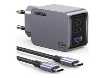 Ugreen Nexode Pro series X755 - Strømadapter - GaN - 65 watt - PD - 3 utgangskontakter (2 x USB-C, USB) - på kabel: USB-C - grå