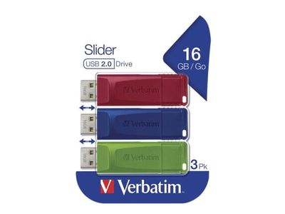 Verbatim Slider - USB-flashstasjon - 16 GB - USB 2.0 - blå, rød, grønn (en pakke 3)