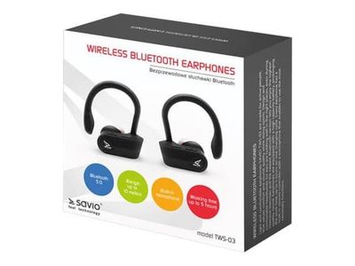 SAVIO TWS-03 - True wireless-hodetelefoner med mikrofon - i øret - over-øret-montering - Bluetooth - svart