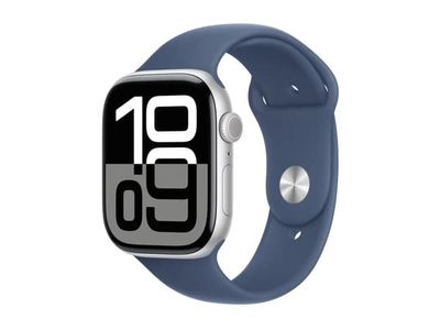Apple Watch Series 10 (GPS) - 46 mm - silveraluminium - smart klocka med sportband - fluoroelastomer - denim - bandstorlek: M/L - 64 GB - Wi-Fi 4, ...