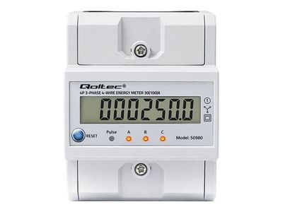 Qoltec - Strömövervakningsenhet (kan monteras på DIN-skena) - med reset, LCD, LED, 4P - AC 400 V - 3-fas - grå