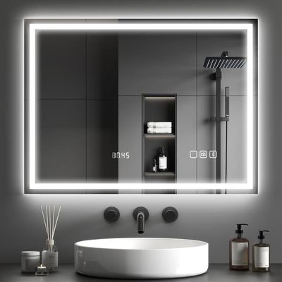 WELLTIN 60x80 LED Badrumsspegel, Ramlös 3 Färger Justerbar Ljusstyrka Anti-Imma Väggmonterad Sminkspegel med Bluetooth för Tvättrum