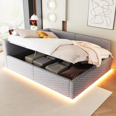 WELLTIN Grå Sammet Klädd Säng 140x200, Hydraulisk Förvaringssängram med LED-lampor, USB-portar & L-formad Ryggstöd för Sovrum
