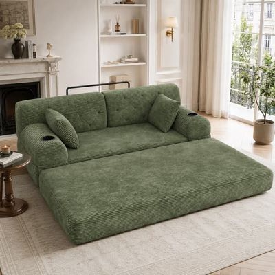 WELLTIN Grøn fløjlssovesofa, kompakt 2-personers sovesofa, fold-ud sofa med høj ryglæn og kopholdere til stue og små rum