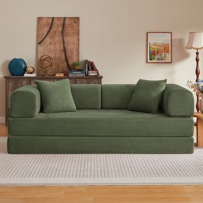 WELLTIN Grøn konvertibel sovesofa, 3-personers fløjlsgulvsofa, foldbar sovesofa med to puder til stuer og små lejligheder