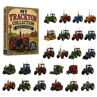 2026 Traktor Julekalender - 24 stk. 8 cm Røde Grønne Blå Akryl Flade Ophæng - Vintage Gårdtraktor Design - Juletræ & Boligindretning