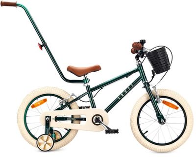 Sun Baby Barncykel 16 Tum LOVEL, Cykel för barn - Pojke 4-6 År, Max 50 kg - stödhjul, korg, ringklocka, kedjeskydd, handtag - Mörkgrön