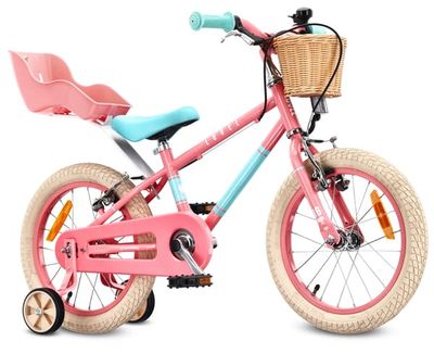 Sun Baby Børnecykel 16 tommer LOVEL, Cykel til børn - Pige 4-6 år, maks. 50 kg – dukkevogn, støttehjul, kurv, ringklokke, kædeskærm – Rosa-Mintgrøn