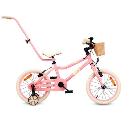 Sun Baby Børnecykel 16 tommer LOOFI, Cykel til børn – Pige 4-6 år, maks. 50 kg – let aluminiumsstel, med støttehjul, kurv, ringklokke, klistermærker – Lyserød