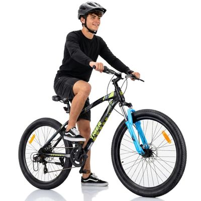 Tiger Bike MTB 26 tommer - Mountainbike til børn og unge, 7-trins Shimano, Stålramme, Affjedret Forgaffel, Mekaniske Skivebremser, Brede Dæk, Max 80 kg - Sort-Grøn-Blå