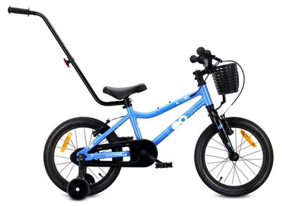 Sun Baby Børnecykel 16 Tommer LOOFI, Cykel til børn - Dreng 4-6 År, Max 50 kg - Let 6,9 kg aluminiumsramme, med støttehjul, kurv, ringeklokke, klistermærker - Blå