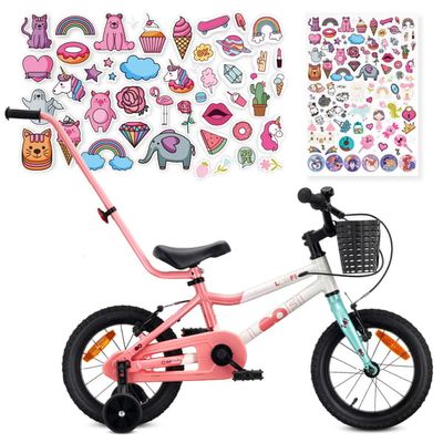 Sun Baby Børnecykel 14 Tommer LOOFI, Cykel til børn - Pige 3-5 År, Max 50 kg, - Let 6.6 kg aluminiumsramme, med støttehjul, kurv, ringeklokke, klistermærker - Hvid-Rosa-Mint