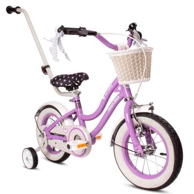 sun baby HEART BIKE Børnecykel 12 tommer - kurv, justerbar sadel og styr, ringklokke, støttehjul, skærme - Lilla