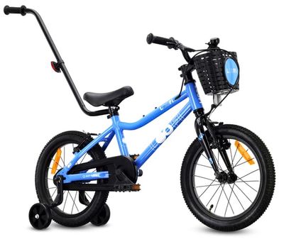 Sun Baby Børnecykel 16 Tommer LOOFI, Cykel til børn - Dreng 4-6 År, Max 50 kg - Let 6,9 kg aluminiumsramme, med støttehjul, kurv, ringeklokke, klistermærker - Blå