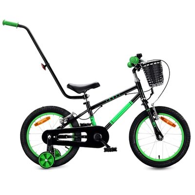 Sun Baby Børnecykel 16 Tommer LOVEL, Cykel til børn – Dreng 4-6 år, maks. 50 kg – støttehjul, kurv, ringklokke, kædeskærm, håndtag – Sort-Grøn