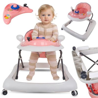 Interaktiv babywalker til læring af gang, højdejustering, rat, stoppeklodser, lyserød og grå, Sun Baby