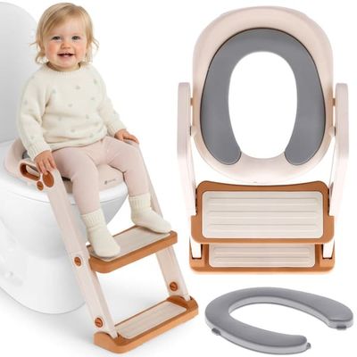 sun baby Toiletbræt til børn med stige - 18–36 måneder, op til 15 kg – skridsikker, med håndtag, 3-trins justering (51–58 cm), 2-trins stige, Toilettræner, Børnetoiletbræt – Hvid-guld