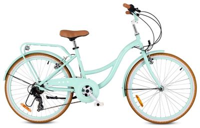SUN BABY Flower Retro Bike 24" barncykel för flickor, 7 växlar Shimano RevoShift, V-bromsar, pakethållare, skärmar, stöd och reflexer - Mintgrön