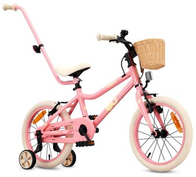 Sun Baby Børnecykel 16 tommer LOOFI, Cykel til børn – Pige 4-6 år, maks. 50 kg – let aluminiumsstel, med støttehjul, kurv, ringklokke, klistermærker – Lyserød