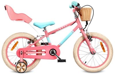 Sun Baby Børnecykel 16 tommer LOVEL, Cykel til børn - Pige 4-6 år, maks. 50 kg – dukkevogn, støttehjul, kurv, ringklokke, kædeskærm – Rosa-Mintgrøn