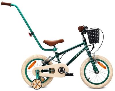 14-tums barncykel för pojke med styrhandtag, stödhjul, korg och V-bromsar LOVEL grön