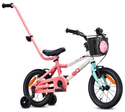 Sun Baby Børnecykel 14 Tommer LOOFI, Cykel til børn - Pige 3-5 År, Max 50 kg, - Let 6.6 kg aluminiumsramme, med støttehjul, kurv, ringeklokke, klistermærker - Hvid-Rosa-Mint