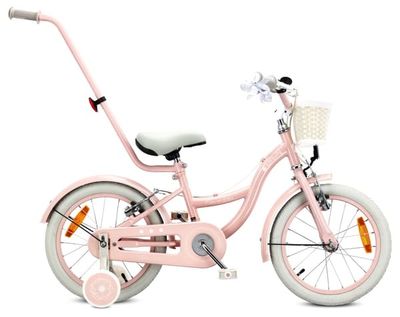 Sun Baby Børnecykel 16 tommer FLOWER BIKE Retro, Cykel til børn – Pige 4–6 år, maks. 50 kg – V-bremser, støttehjul, ringklokke, reflekser, stålstel, justerbar – Lyserød